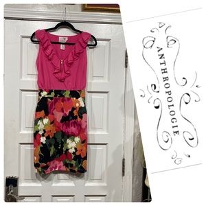 Anthropologie Tabitha Pink Floral Ruffled Sleeveless Pencil Midi Dress Size 0